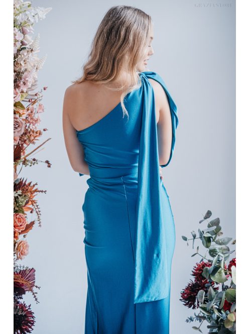 Freya - jednoramenné maxi šaty s priliehavou sukňou,  v modrej fondale farbe