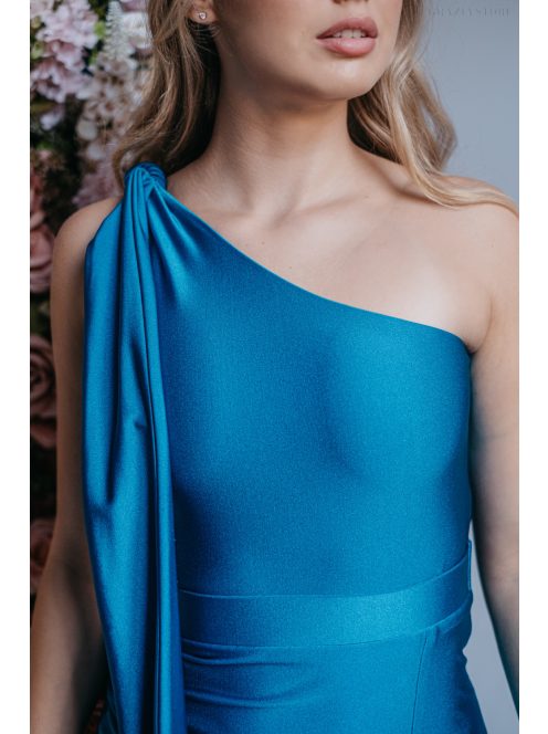 Freya - jednoramenné maxi šaty s priliehavou sukňou,  v modrej fondale farbe