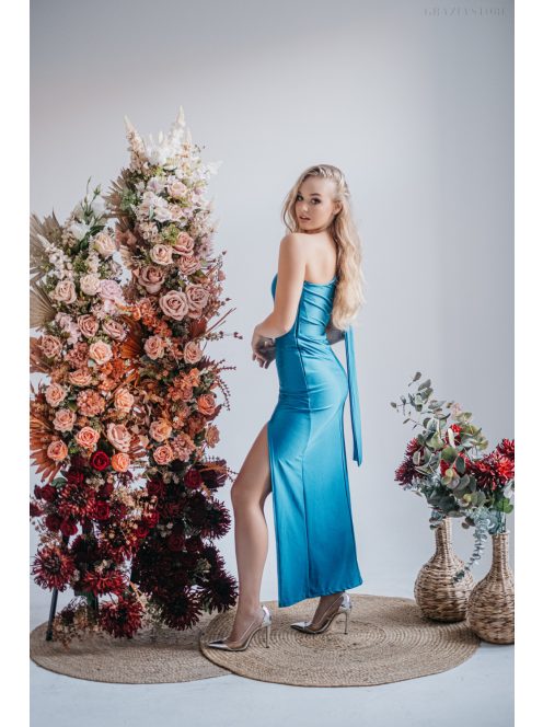 Freya - jednoramenné maxi šaty s priliehavou sukňou,  v modrej fondale farbe