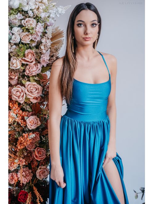 Madleine - maxi šaty s ramienkami na chrbte, vo farbe fondale modrá