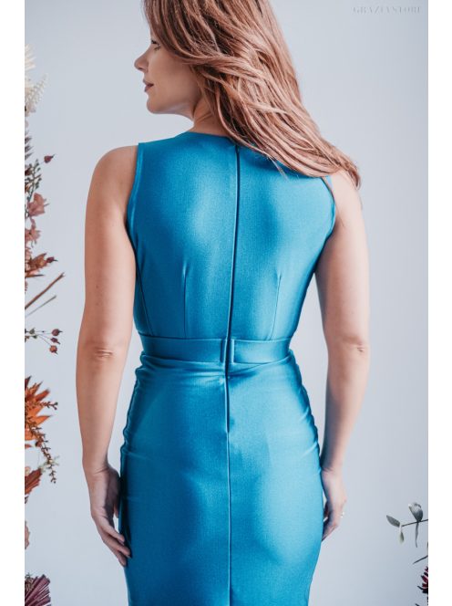 Zóra - maxi šaty s preloženou látkou na dekolte a úzkou sukňou,  v modrej fondale farbe