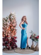 Zóra - maxi šaty s preloženou látkou na dekolte a úzkou sukňou,  v modrej fondale farbe