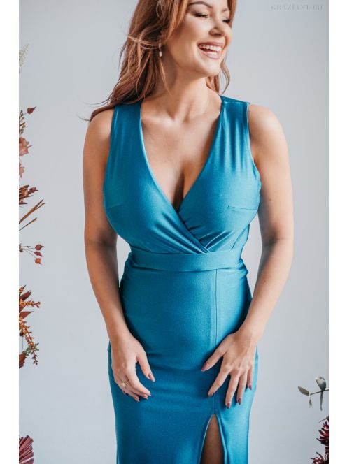 Zóra - maxi šaty s preloženou látkou na dekolte a úzkou sukňou,  v modrej fondale farbe