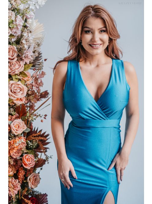 Zóra - maxi šaty s preloženou látkou na dekolte a úzkou sukňou,  v modrej fondale farbe