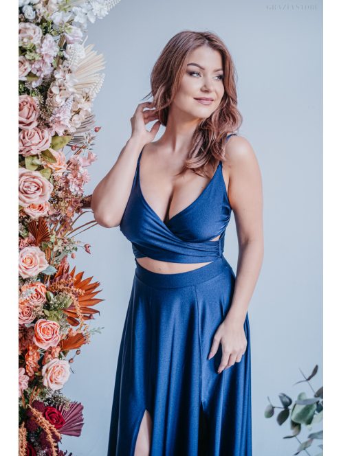 Yvonne - maxi šaty s prekríženým topom , v blue scuro farbe