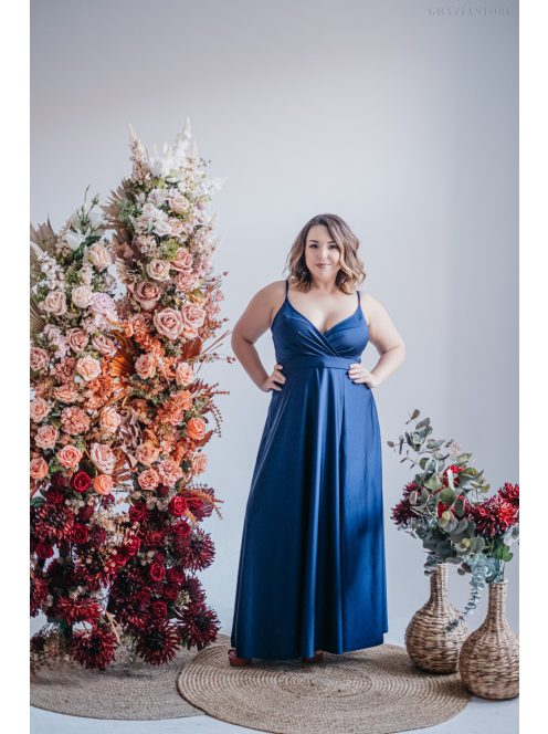 Abigél - maxi šaty s preloženým dekoltom, vo farbe modrá scuro