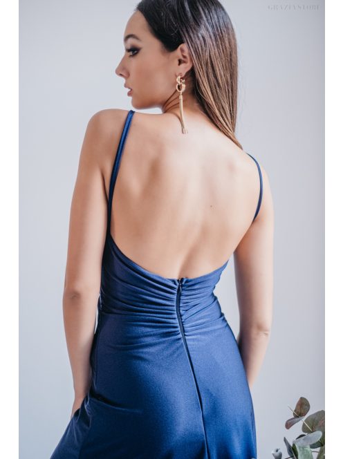 Emili- nariasené maxi šaty s výstrihom do V a tenkými ramienkami, v modrej scuro farbe