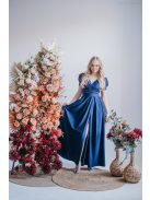 Ramóna - maxi šaty  s mierne nafúknutými rukávmi a nariaseným výstrihom, v modrej scuro farbe