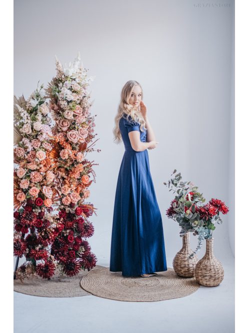 Ramóna - maxi šaty  s mierne nafúknutými rukávmi a nariaseným výstrihom, v modrej scuro farbe