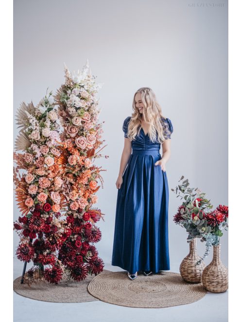 Ramóna - maxi šaty  s mierne nafúknutými rukávmi a nariaseným výstrihom, v modrej scuro farbe