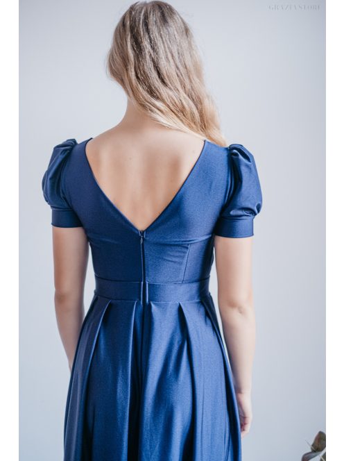 Ramóna - maxi šaty  s mierne nafúknutými rukávmi a nariaseným výstrihom, v modrej scuro farbe