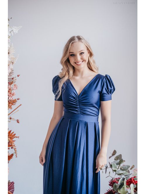 Ramóna - maxi šaty  s mierne nafúknutými rukávmi a nariaseným výstrihom, v modrej scuro farbe