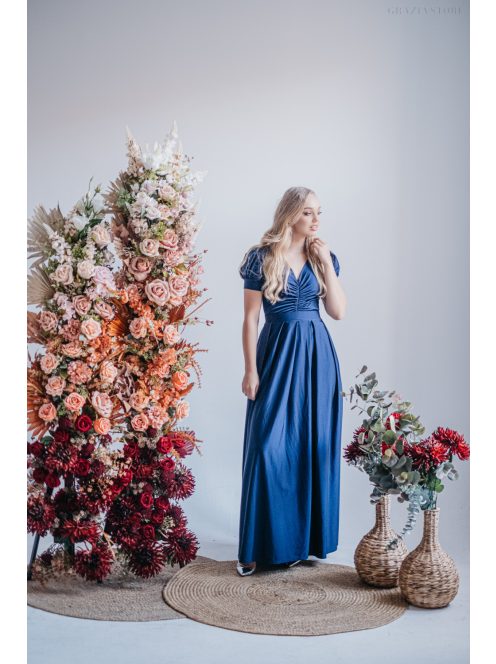 Ramóna - maxi šaty  s mierne nafúknutými rukávmi a nariaseným výstrihom, v modrej scuro farbe