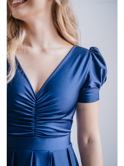 Ramóna - maxi šaty  s mierne nafúknutými rukávmi a nariaseným výstrihom, v modrej scuro farbe