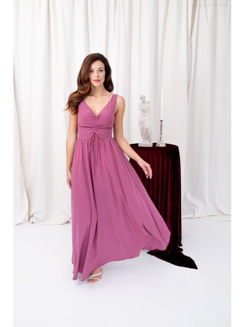 Mira - mušelínové maxi šaty s výstrihom do V a nariasenou gumenou časťou na chrbte,  v rose farbe.