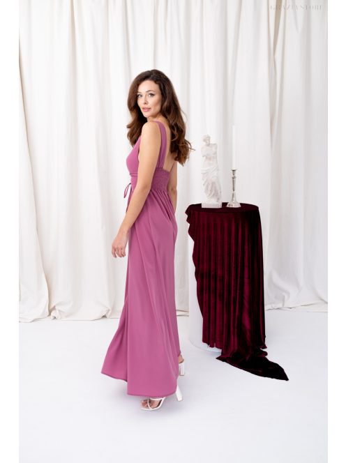 Mira - mušelínové maxi šaty s výstrihom do V a nariasenou gumenou časťou na chrbte,  v rose farbe