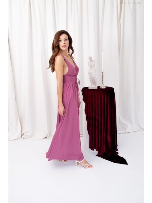 Mira - mušelínové maxi šaty s výstrihom do V a nariasenou gumenou časťou na chrbte,  v rose farbe