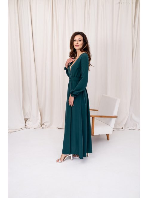 Daisy -  zavinovacie, mušelínové maxi šaty s dlhým rukávom, v tmavozelenej farbe.