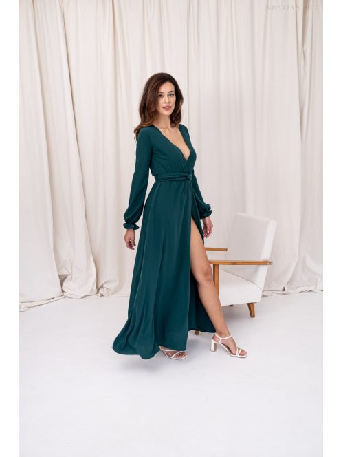 Daisy -  zavinovacie, mušelínové maxi šaty s dlhým rukávom, v tmavozelenej farbe.