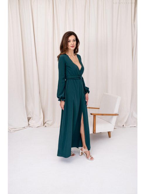 Daisy -  zavinovacie, mušelínové maxi šaty s dlhým rukávom, v tmavozelenej farbe.