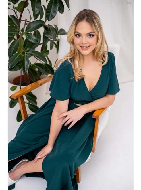 Leila - mušelínové maxi šaty s preloženým topom,  v tmavozelenej farbe