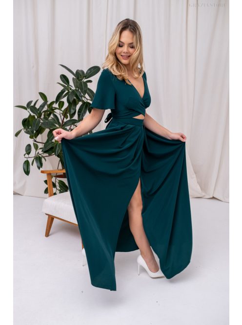 Leila - mušelínové maxi šaty s preloženým topom,  v tmavozelenej farbe