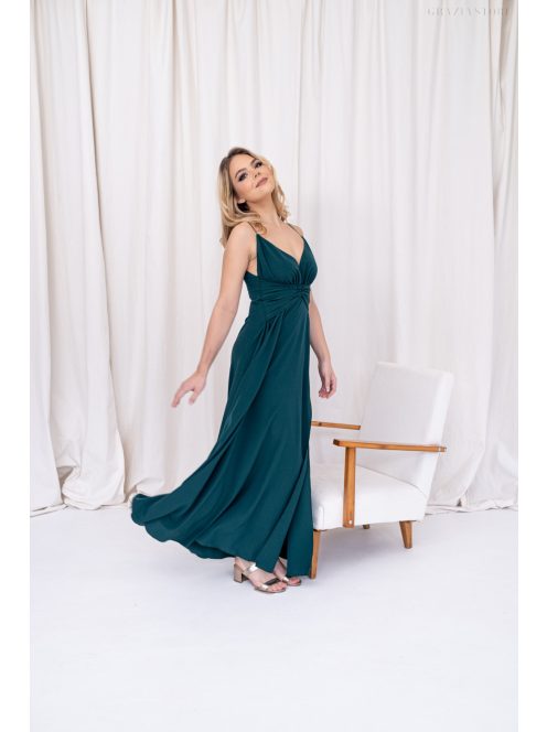 Zelma - mušelínové maxi šaty na špagetových ramienkach s áčkovou sukňou, v tmavozelenej farbe