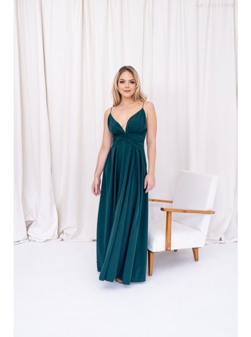 Zelma - mušelínové maxi šaty na špagetových ramienkach s áčkovou sukňou, v tmavozelenej farbe