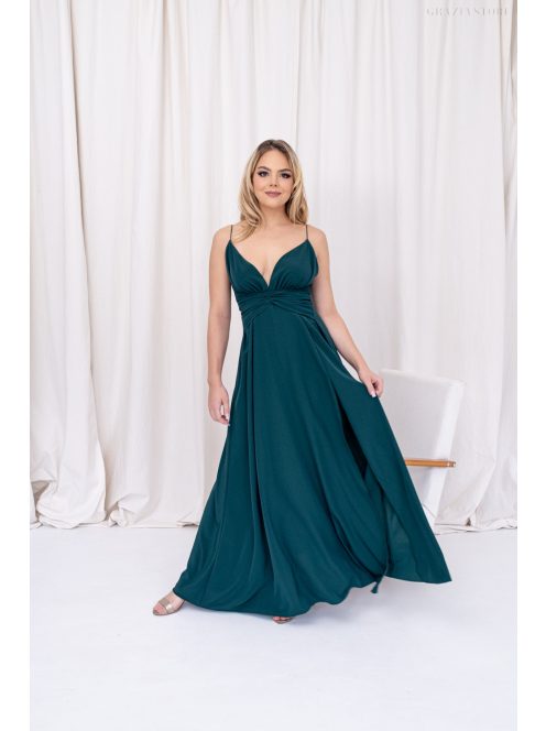 Zelma - mušelínové maxi šaty na špagetových ramienkach s áčkovou sukňou, v tmavozelenej farbe