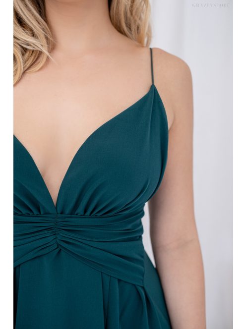 Zelma - mušelínové maxi šaty na špagetových ramienkach s áčkovou sukňou, v tmavozelenej farbe