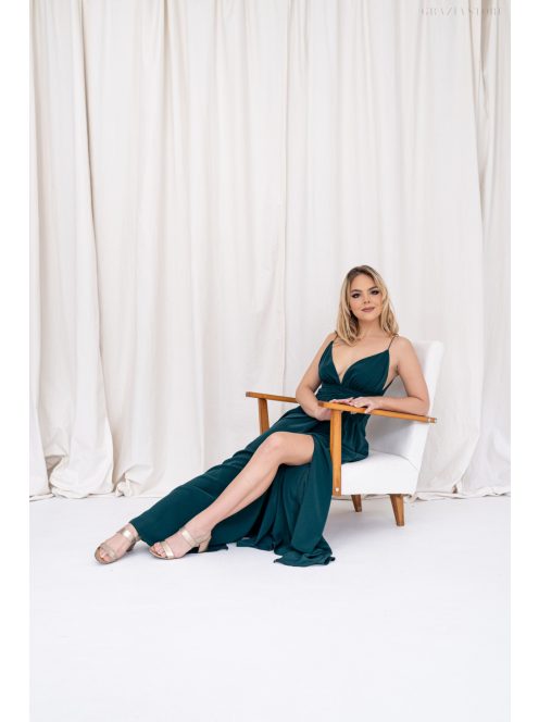 Zelma - mušelínové maxi šaty na špagetových ramienkach s áčkovou sukňou, v tmavozelenej farbe