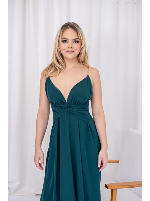 Zelma - mušelínové maxi šaty na špagetových ramienkach s áčkovou sukňou, v tmavozelenej farbe