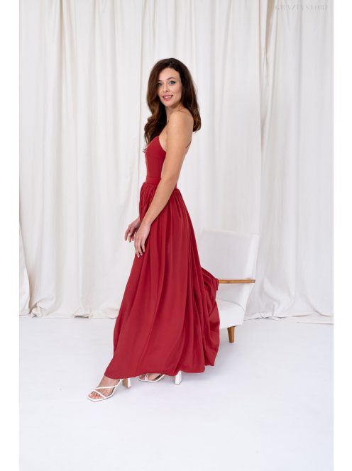 Dalma – mušelínové maxi šaty bez chrbtovej časti, v tehlovej farbe