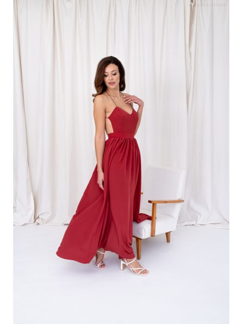 Dalma – mušelínové maxi šaty bez chrbtovej časti, v tehlovej farbe