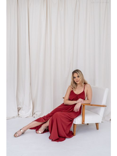 Vanda - mušelínové maxi šaty s viazaním v páse, v tehlovej farbe