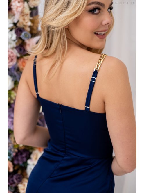 Lola - mini šaty s bočným nariasením a padavým výstrihom z light saténového materiálu, v tmavo-modrej farbe