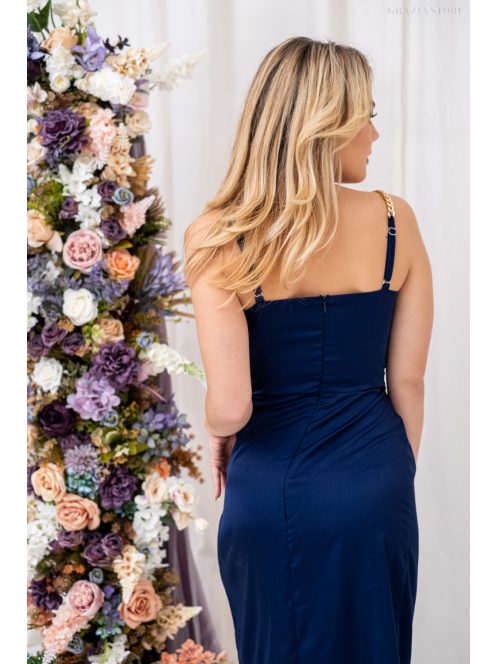 Lola - mini šaty s bočným nariasením a padavým výstrihom z light saténového materiálu, v tmavo-modrej farbe