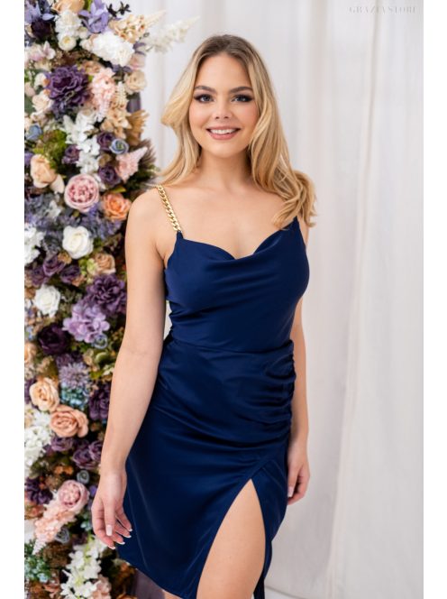 Lola - mini šaty s bočným nariasením a padavým výstrihom z light saténového materiálu, v tmavo-modrej farbe