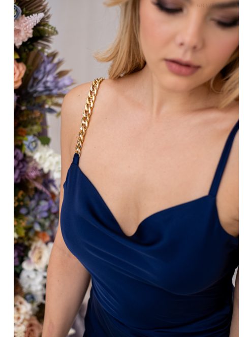 Lola - mini šaty s bočným nariasením a padavým výstrihom z light saténového materiálu, v tmavo-modrej farbe