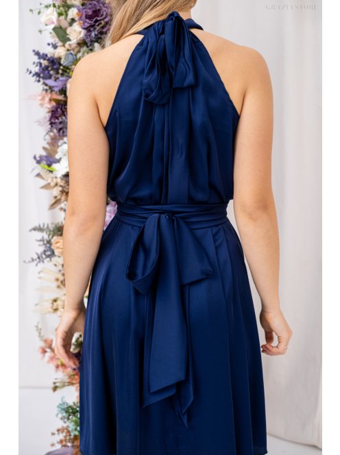 Olga - mini šaty so zaväzovaním okolo krku a pásu,  z light saténového materiálu, v tmavo-modrej farbe