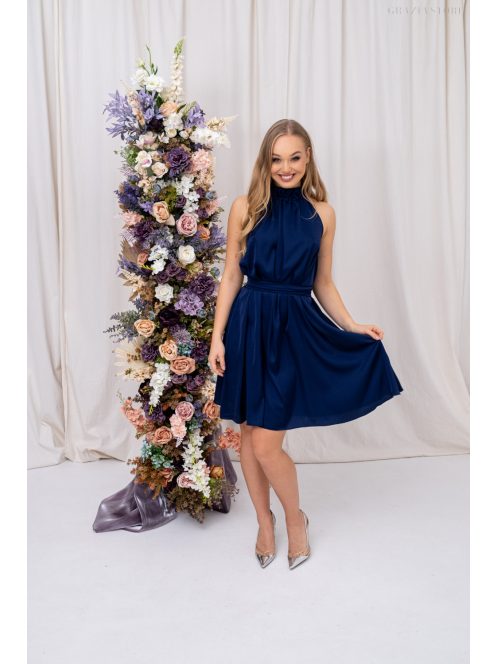 Olga - mini šaty so zaväzovaním okolo krku a pásu,  z light saténového materiálu, v tmavo-modrej farbe
