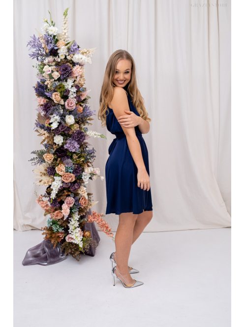 Olga - mini šaty so zaväzovaním okolo krku a pásu,  z light saténového materiálu, v tmavo-modrej farbe