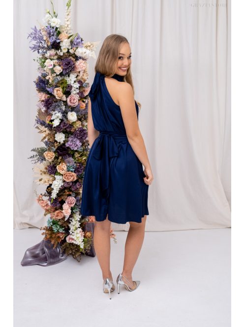 Olga - mini šaty so zaväzovaním okolo krku a pásu, z light saténového materiálu, v tmavo-modrej farbe