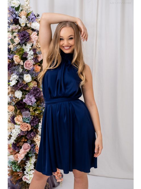 Olga - mini šaty so zaväzovaním okolo krku a pásu, z light saténového materiálu, v tmavo-modrej farbe