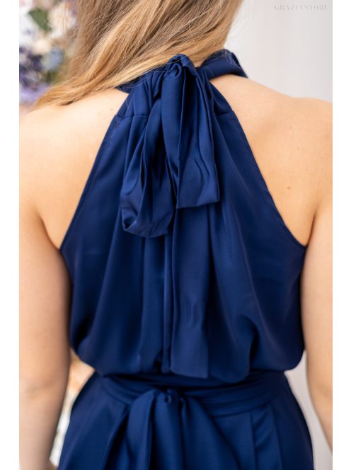 Olga - mini šaty so zaväzovaním okolo krku a pásu, z light saténového materiálu, v tmavo-modrej farbe