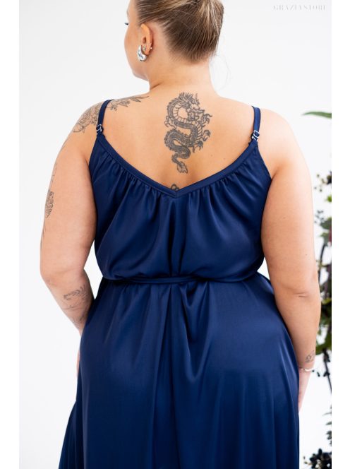 Vanda - maxi šaty s nastaviteľnými ramienkami a zaväzovaním v páse, z light saténového materiálu, v tmavo-modrej farbe