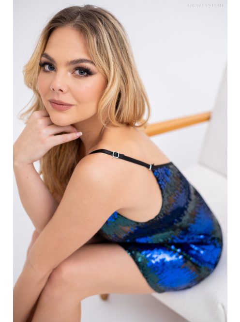 Vanda mini – flitrované  mini šaty voľného strihu s nastaviteľnými ramienkami, v modro-zelenej farbe