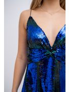 Zelma - flitrované maxi šaty na špagetové ramienka, s hlbokým výstrihom a A-čkovou sukňou, v modro-zelenej farbe