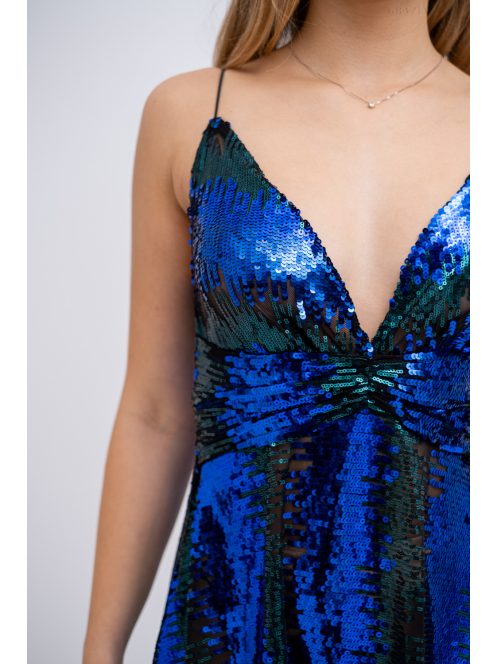 Zelma - flitrované maxi šaty na špagetové ramienka, s hlbokým výstrihom a A-čkovou sukňou, v modro-zelenej farbe