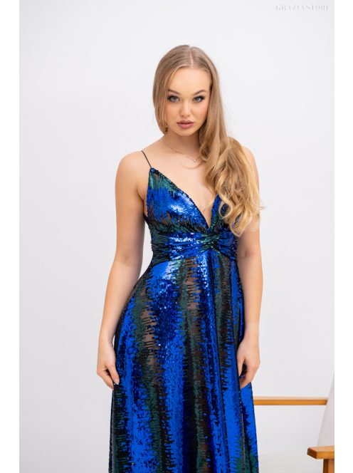 Zelma - flitrované maxi šaty na špagetové ramienka, s hlbokým výstrihom a A-čkovou sukňou, v modro-zelenej farbe